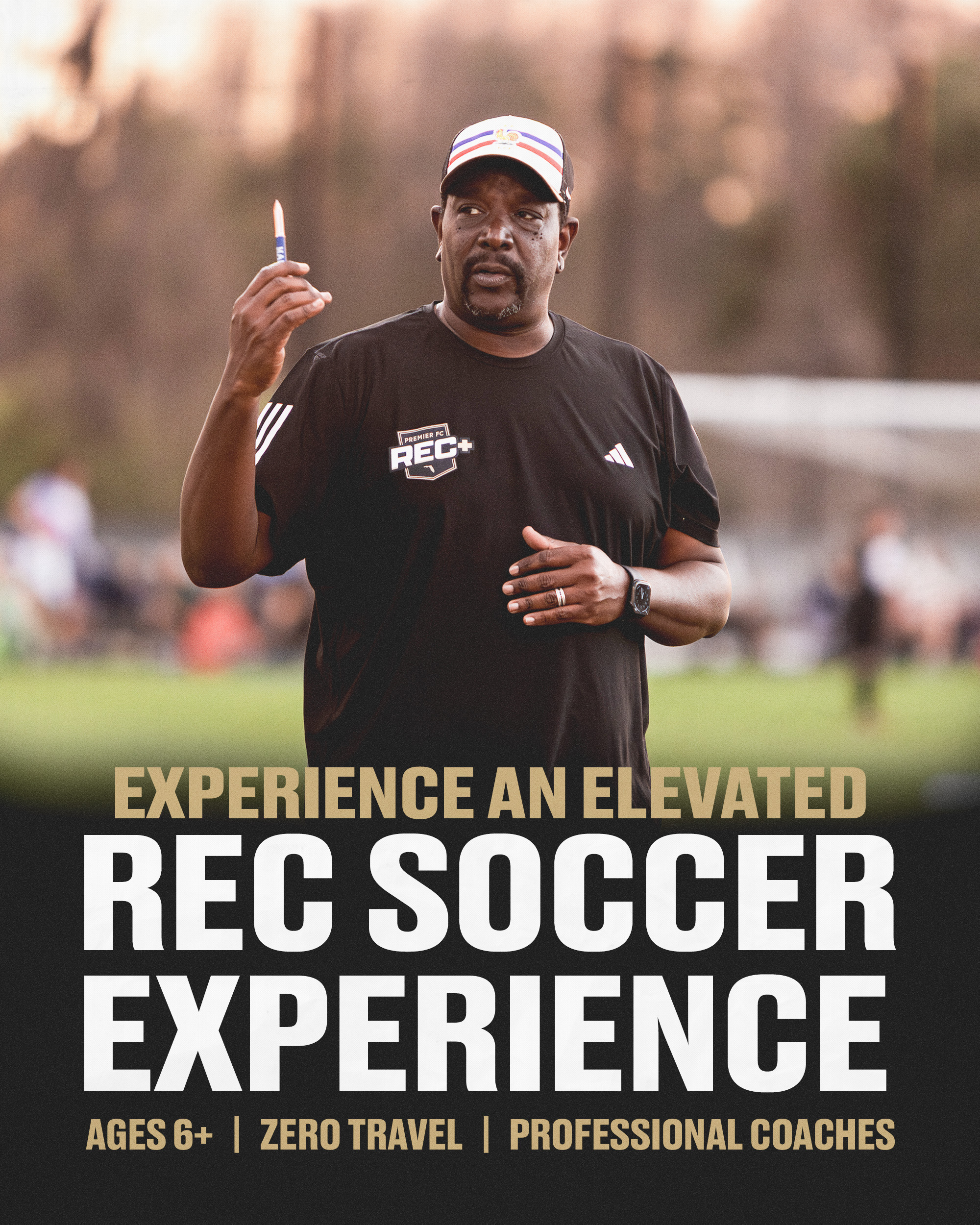 Man in a black athletic shirt holds a pen while standing on a field; bold poster text 'BEC SOCCER' at the bottom.