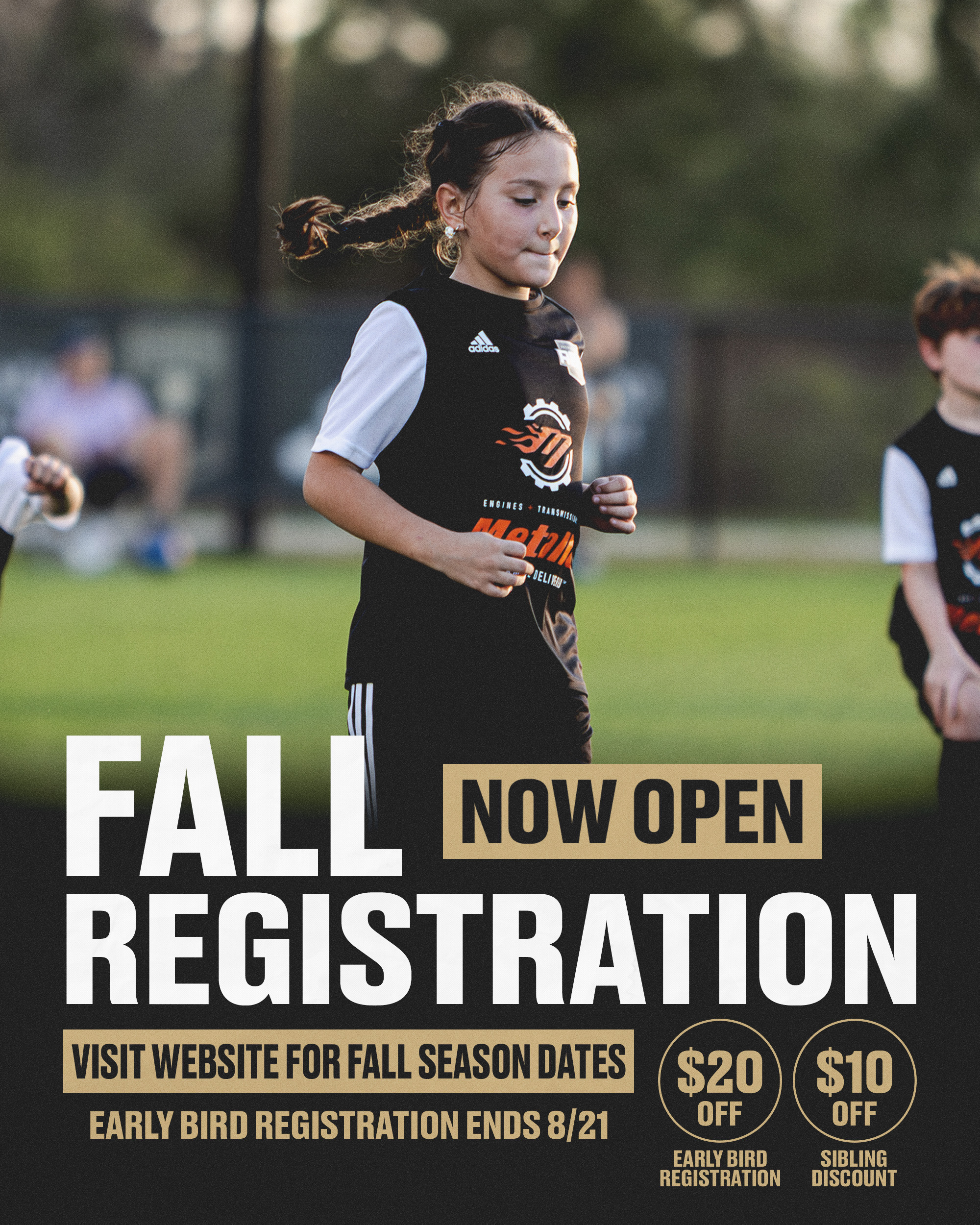 Young girl running on a grassy field in a black-and-white uniform; bold poster text reads 'FALL REGISTRATION NOW OPEN'.