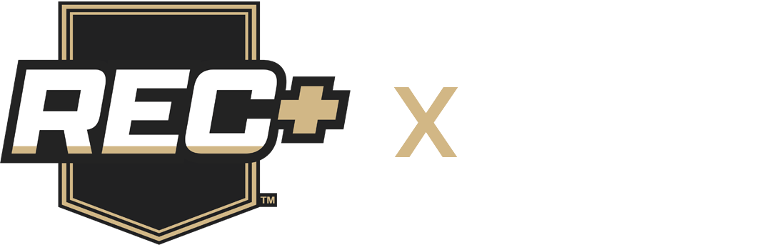 BRAND: REC+ logo with a gold shield outline on black background and a separate gold X badge