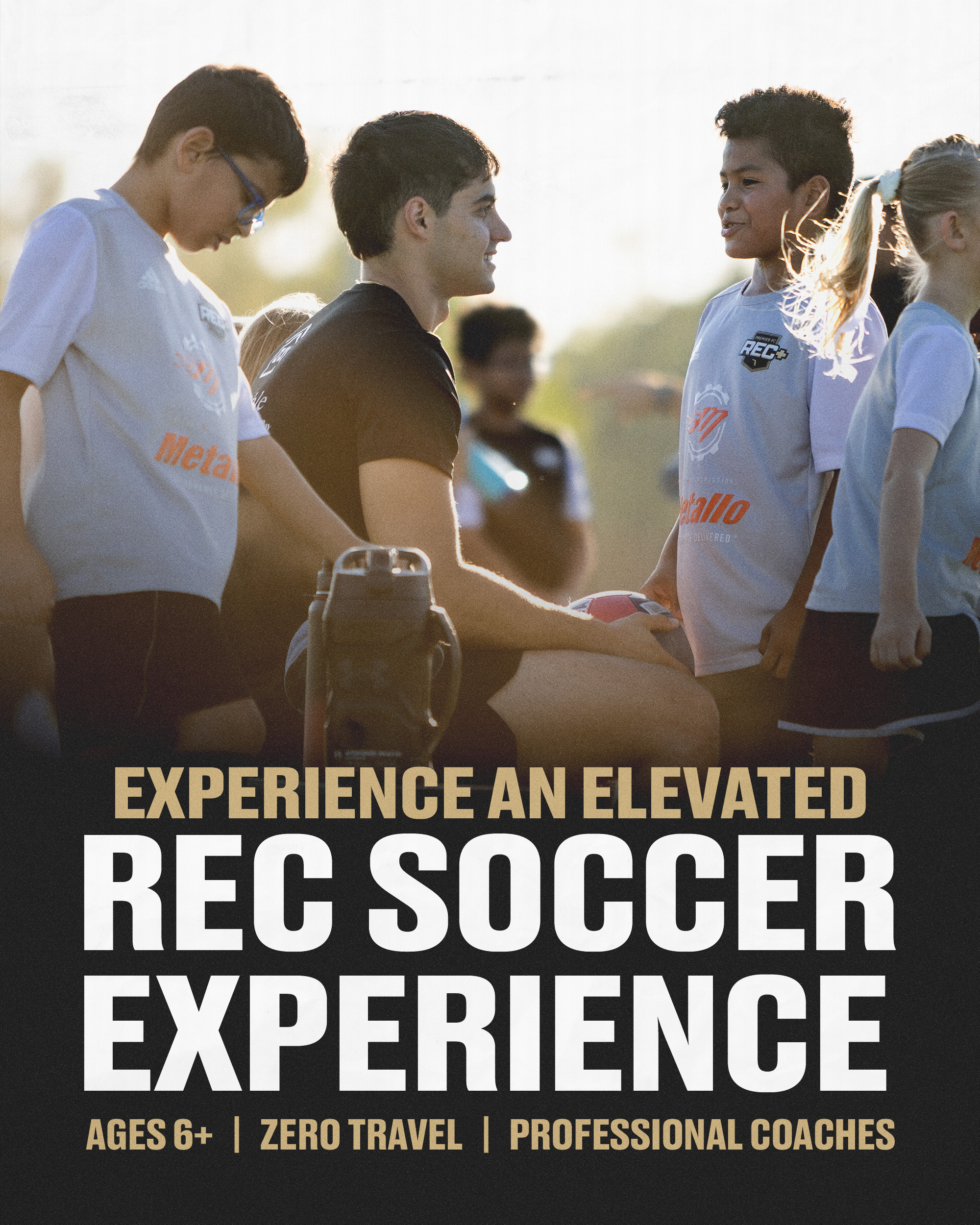 Group of young soccer players shake hands with a coach on a field at sunset, with a bold promotional banner at the bottom.