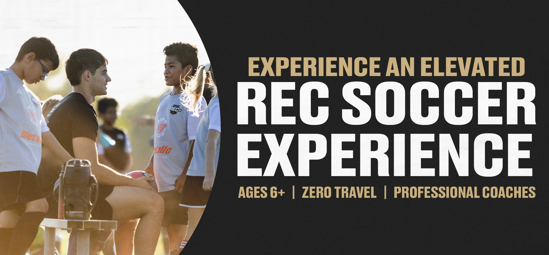 Group of young soccer players chatting and shaking hands on a sunny field beside a bold black banner that reads “REC Soccer Experience.” The design emphasizes a team-friendly introductory message for ages 6+ and professional coaches.